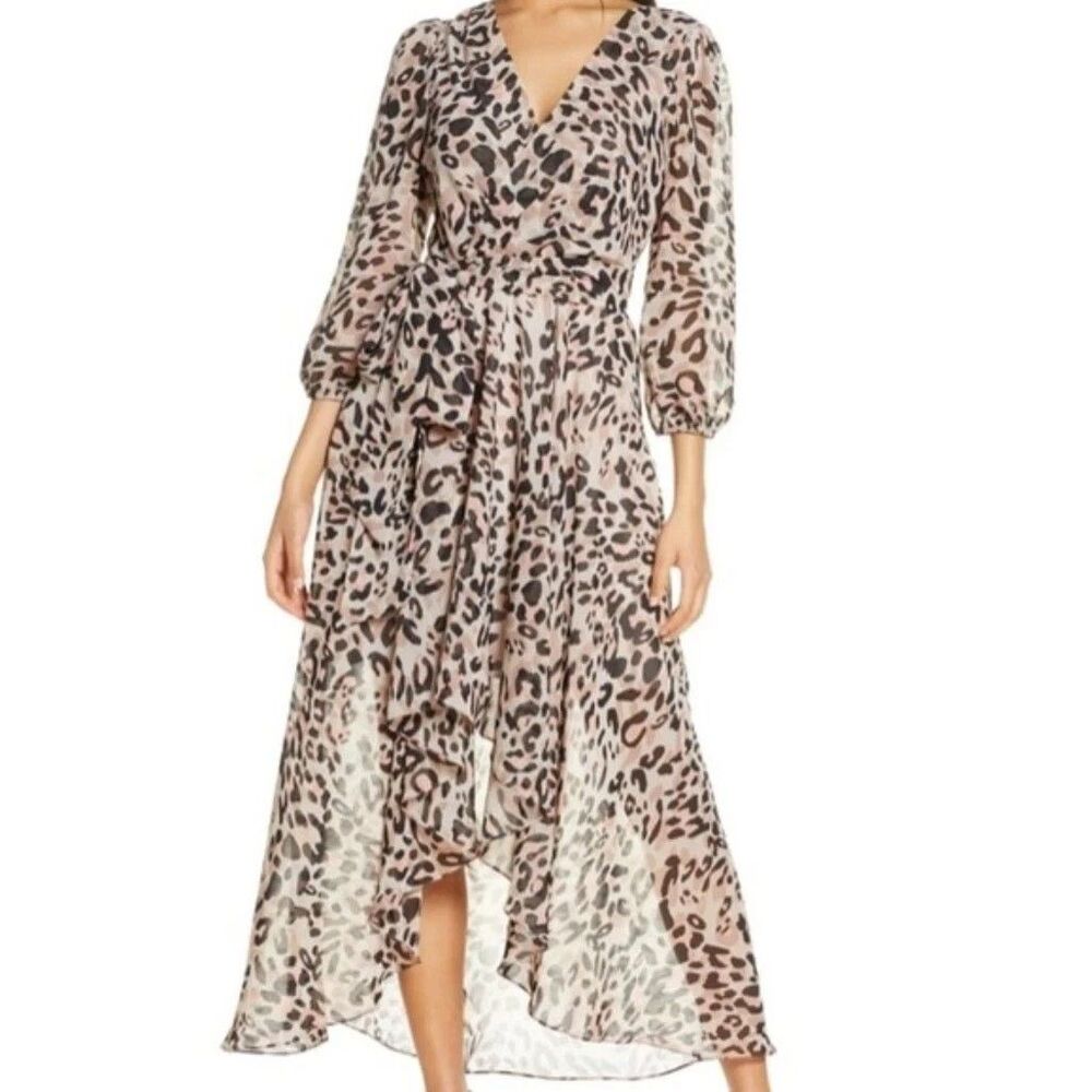 Eliza J animal print faux wrap chiffon‎ hi-low midi dress Size 4 beige